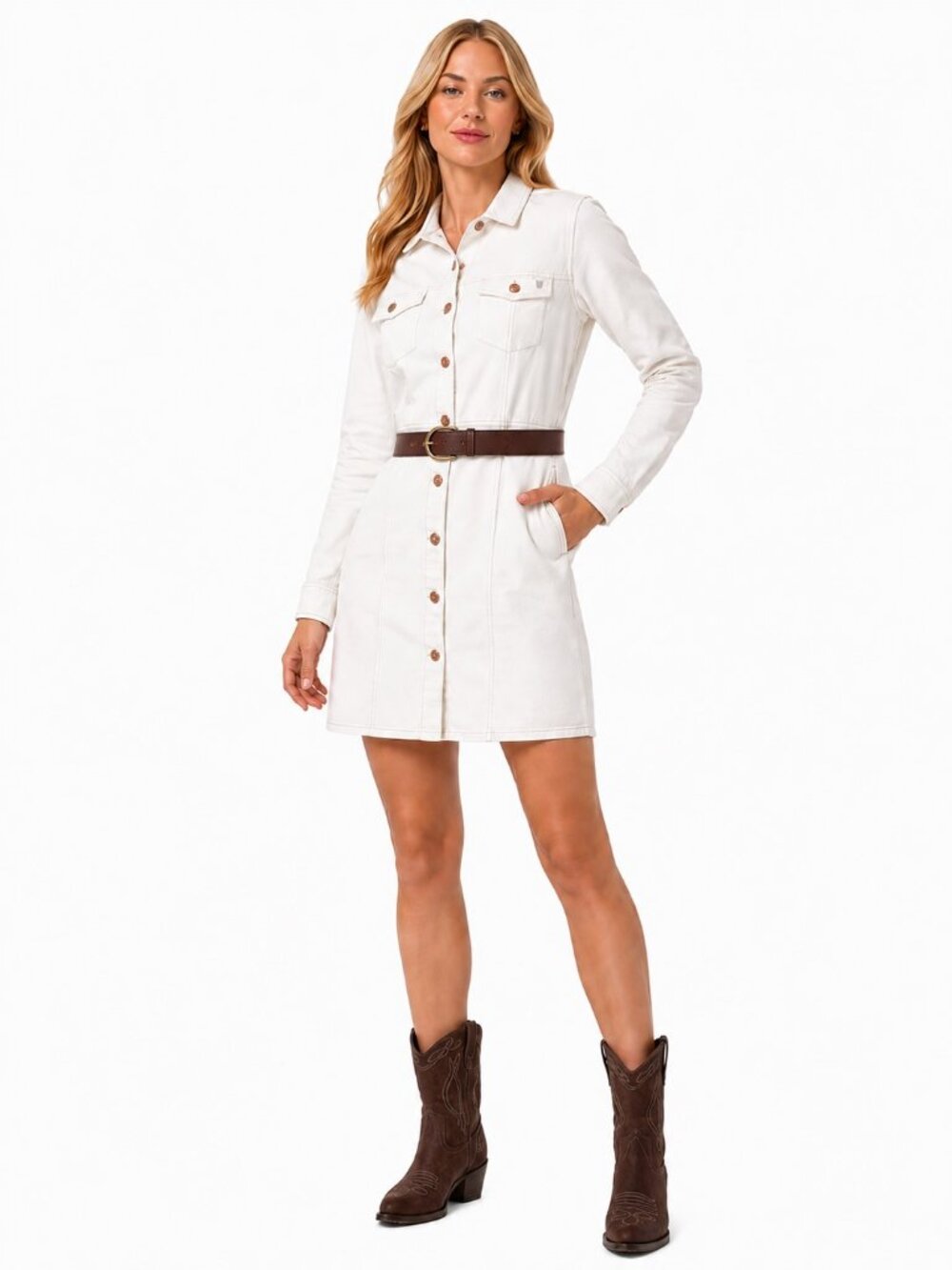 Frye Bone Long Sleeve Button Front Cinch Waist Denim Dress Womens Large NWOT